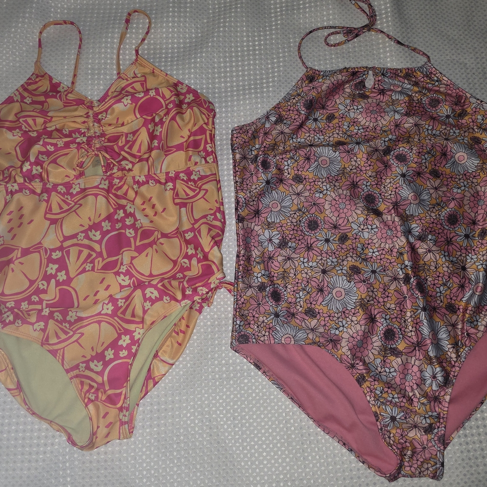Kids Swim One Piece - Pink and Orange Floral Swimsuit